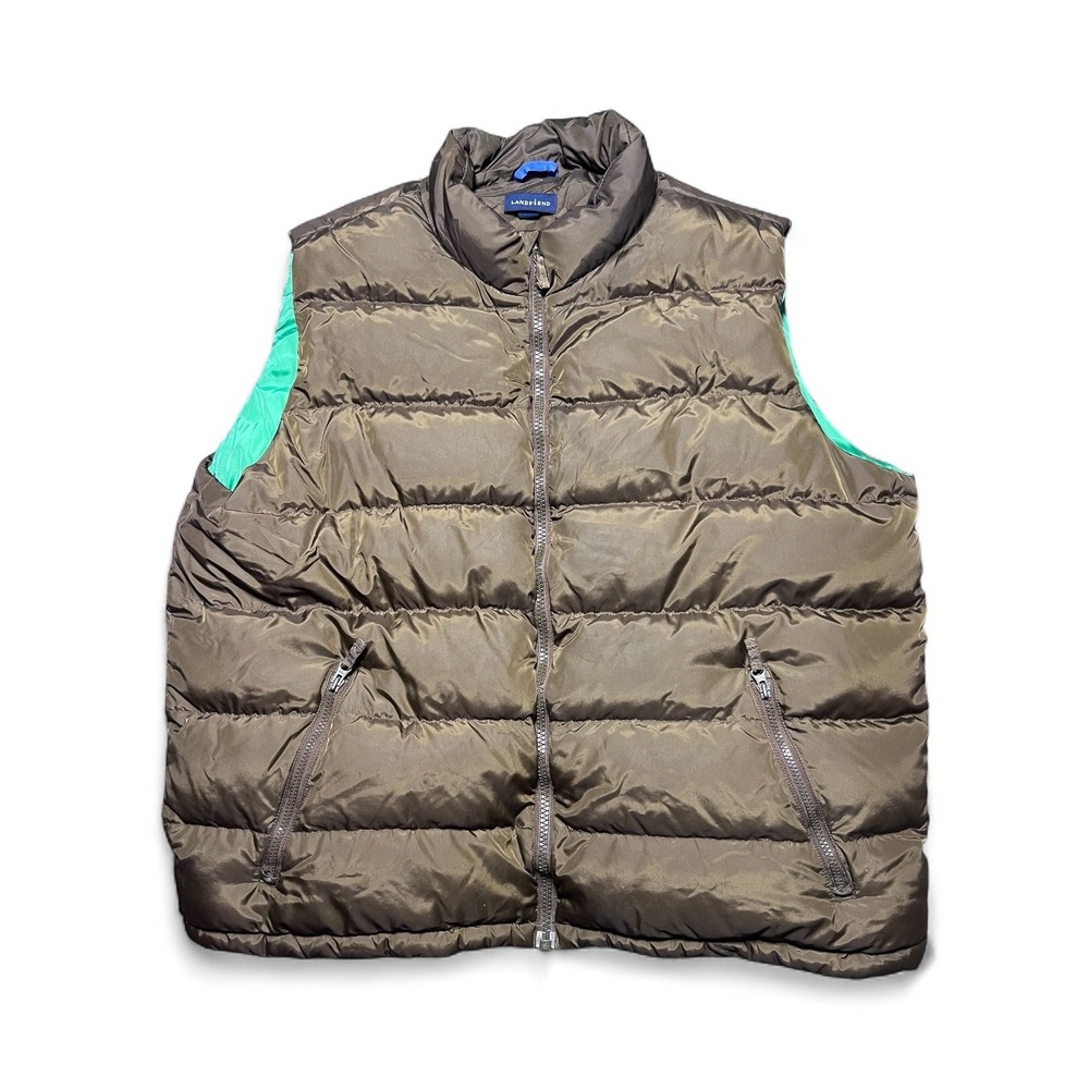Lands End‎ Puffer Vest Brown Green Pockets Full Zip Lined Down Filled Men XXL
